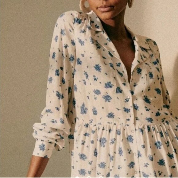 Sezane Aurora Dress White Floral Button-Up Dress blue rose 38 6 tiered short - Picture 3 of 10